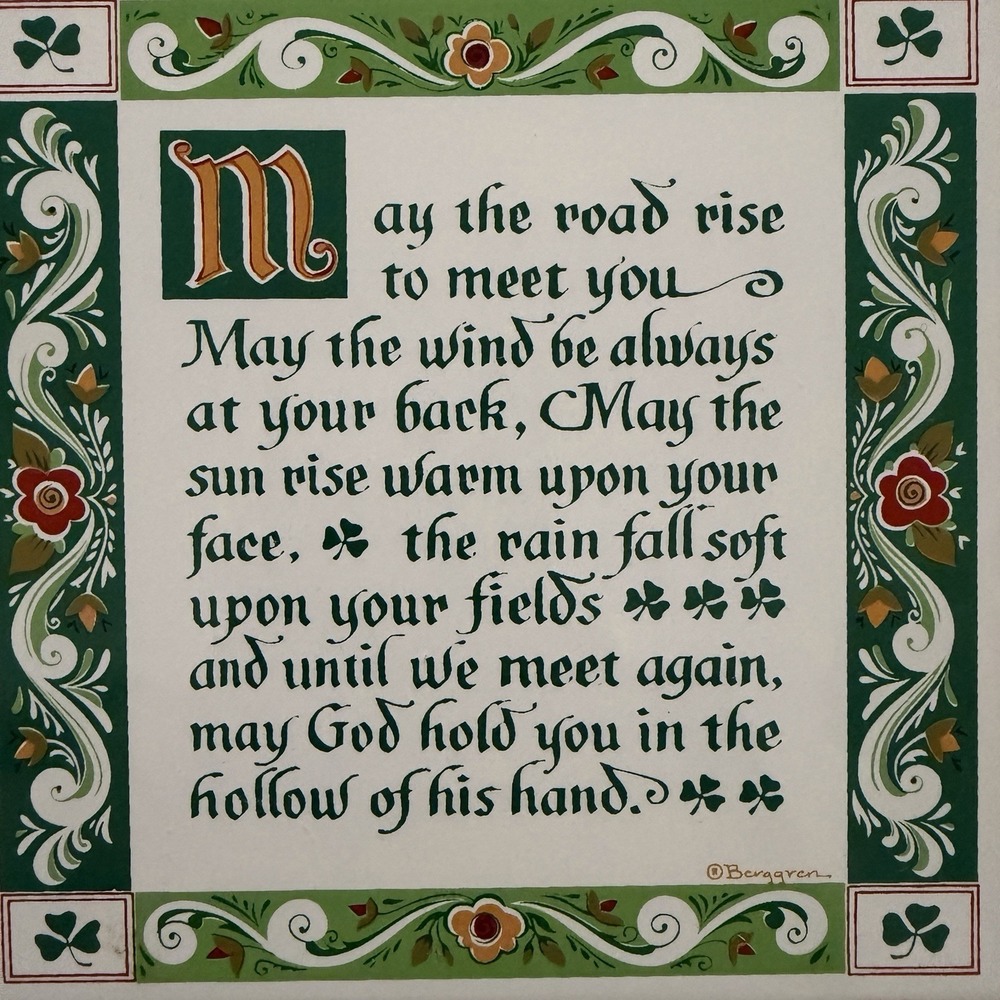 Berggren Ceramic Kitchen Blessing Prayer Wood Framed Tile Trivet Irish Clover - Picture 2 of 5